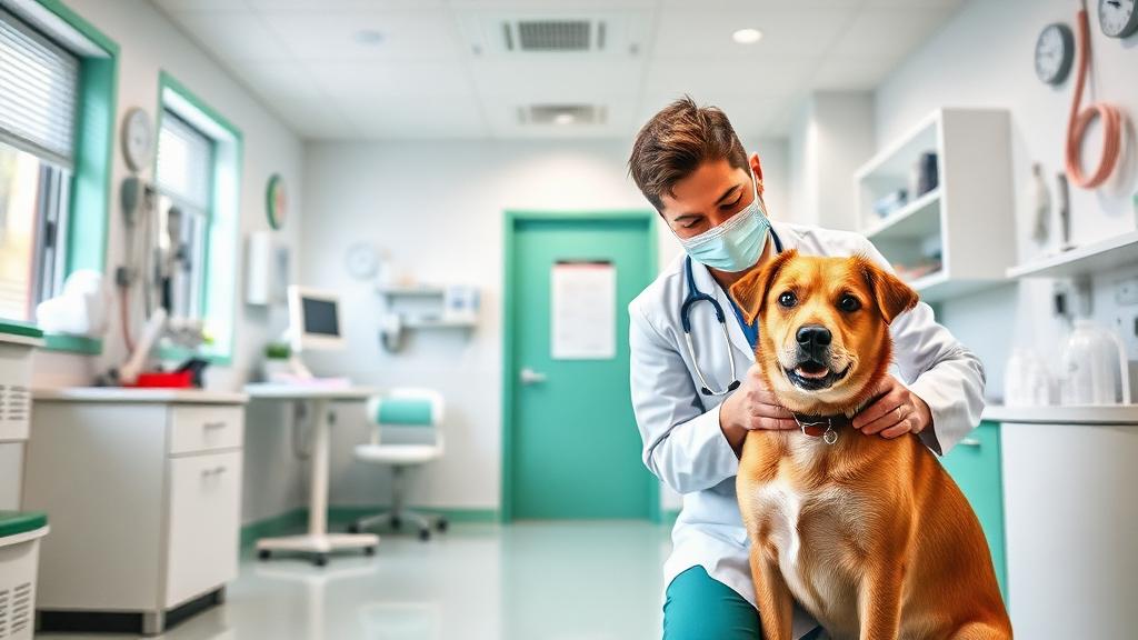 Veterinario atendiendo a un perro en una clínica veterinaria moderna representando el demo de atención por voz de Alison