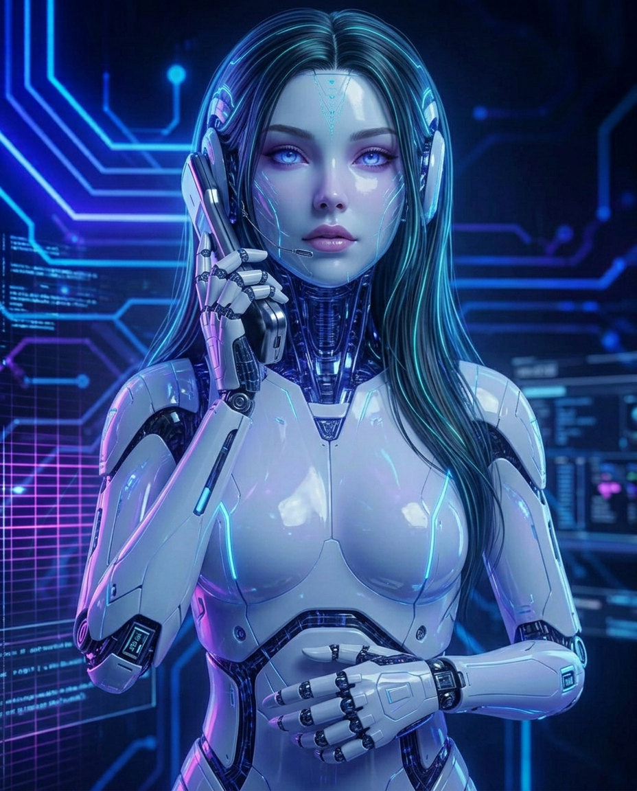 Mujer robot futurista con circuitos luminosos representando un agente virtual con inteligencia artificial